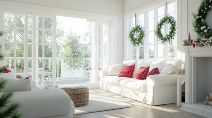 A bright, cozy living room adorned with holiday wreaths and red pillows, featuring light-colored furniture and large windows letting in natural light.
