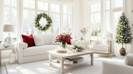A bright, cozy living room decorated for the holidays with a white sofa, festive wreath, red cushions, floral centerpiece, and a small Christmas tree.