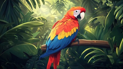 A scarlet macaw perched on a branch in a lush jungle setting.