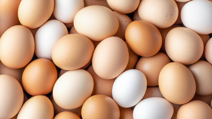 A close-up image showing a variety of brown and white eggs grouped together.