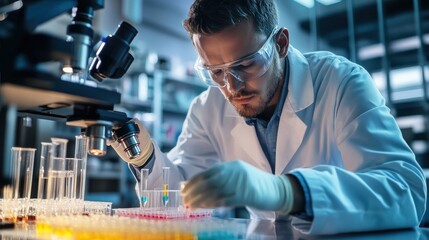 A scientist in a lab coat works with a microscope and test tubes.