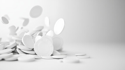 White poker chips cascade onto a smooth, clean surface, creating a dynamic scene of motion and accumulation in a minimalist setting.