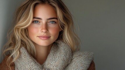 Portrait of a Young Woman with Blonde Hair and Blue Eyes, Wearing a Knitted Scarf