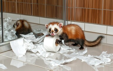 Naklejka na ściany i meble A playful ferret unravels toilet paper in a bathroom, creating a messy yet amusing scene at home