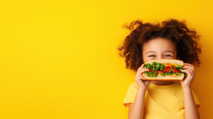 Child smiling while eating a healthy homemade sandwich with whole grains and vegetables, health kid, nutrition and healthy snacks
