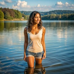 Obraz premium Happy young woman wading in a calm lake on a sunny day with reflections on the water