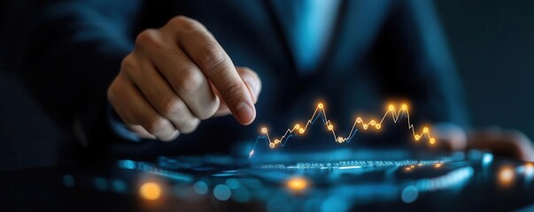 Hand pointing at a glowing graph on a digital screen.