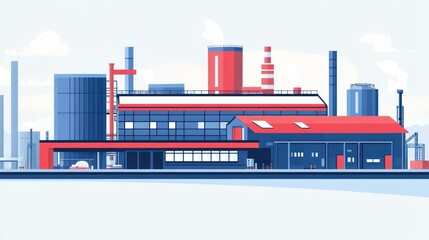 Obraz premium Modern industrial complex with a red roof, blue windows, and a chimney emitting smoke, against a bright blue sky.