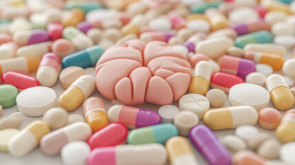 A brain model surrounded by various colorful pills and capsules, symbolizing medical treatment and mental health care.