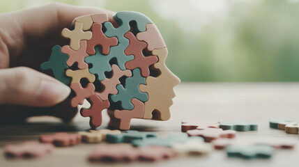 A hand assembles a brain-shaped jigsaw puzzle, symbolizing mental health, cognitive processes, and the complexities of human thought.