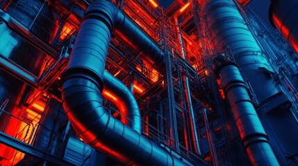 Industrial pipes and structures illuminated in vibrant red and blue light.