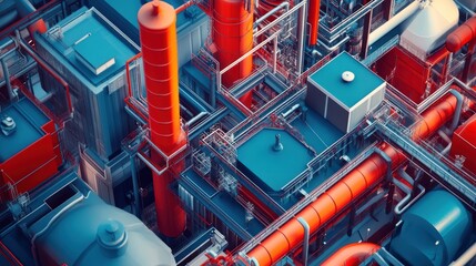 Abstract industrial complex with red and blue pipes and structures.