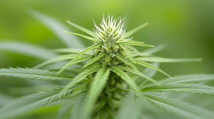Obraz premium Close-up of a cannabis plant, showcasing its vibrant green leaves and intricate bud structure against a blurred background.