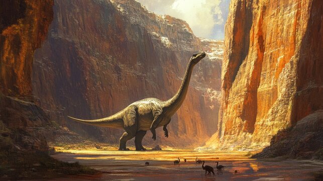 A massive dinosaur stands tall in a canyon, with smaller dinosaurs in the distance.