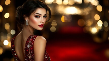 Fototapeta premium Glamorous Jordanian Celebrity: Stylish Backside Shot on Red Carpet with Luxurious High-Fashion Look and Lighting
