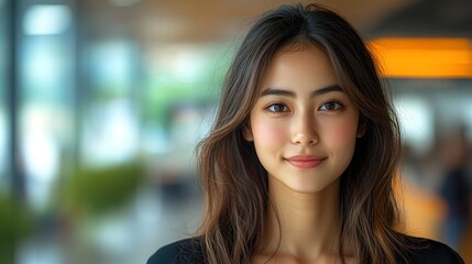 Fototapeta premium Portrait of a Smiling Young Woman with Long Brown Hair