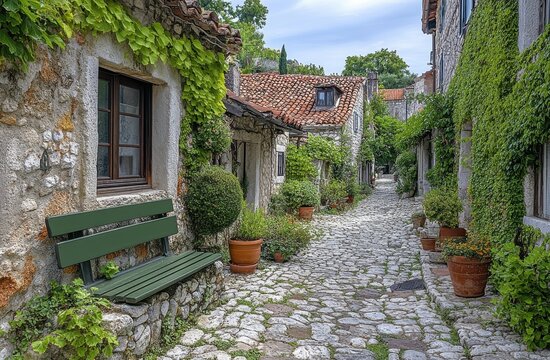 Charming cobblestone streets habitat in an old urban town with vibrant greenery and rustic architecture