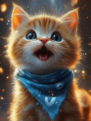 Fluffy orange kitten with bright blue eyes and a blue bandana, sitting and looking upwards in magical lighting with glowing particles, perfect for animal-themed designs.