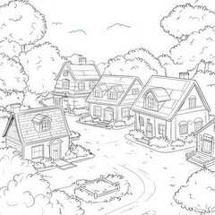 Fototapeta premium A charming village square during summer, coloring page for kids, simple outline illustration. Coloring book, simple lines.