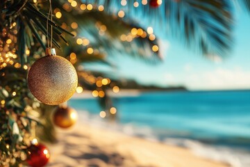 A gold ornament hanging from a palm tree with a festive beach scene in the background