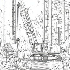 A construction site with machines and workers, coloring page for kids, simple outline illustration. Coloring book, simple lines.