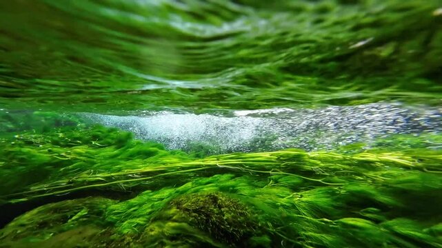 Klares Quellwasser mit Wasserpflanzen, Doline, Trinkwasser, Unterwasseraufnahme, flie&szlig;endes Wasser