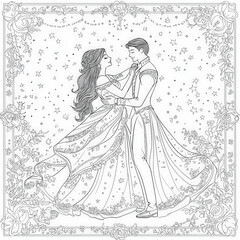 Fototapeta premium A fairytale ball with princesses and princes, coloring page for kids, simple outline illustration. Coloring book, simple lines.