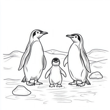 recommend clip art: A family of penguins waddling on ice, coloring page for kids, simple outline illustration. Coloring book, simple lines.