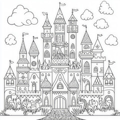Fototapeta premium A fantasy kingdom with knights and dragons, coloring page for kids, simple outline illustration. Coloring book, simple lines.