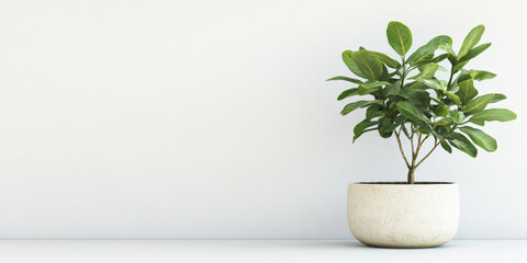 Fototapeta premium A minimalist potted plant with lush green leaves placed against a clean, white background, creating a serene and modern aesthetic.
