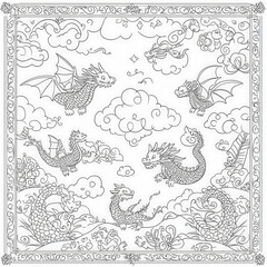 Obraz premium A fun dragon parade with various dragons, coloring page for kids, simple outline illustration. Coloring book, simple lines.