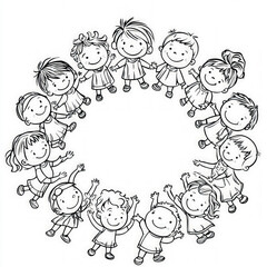 A joyful group of children dancing in a circle, coloring page for kids, simple outline illustration. Coloring book, simple lines.