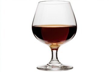 A round crystal cup filled with brandy and a splash of mixer, placed on a plain white backdrop