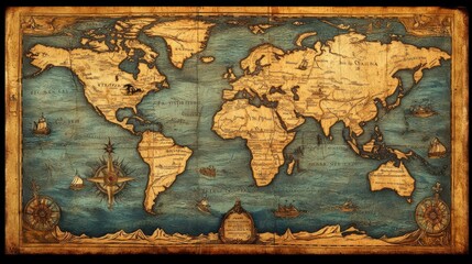 An old, vintage world map with ships and text in an aged parchment style.