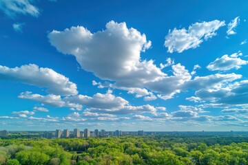 A vibrant daytime time-lapse showcasing the dynamic movement of clouds across a bright azure sky strikingly contrasts with the lush greenery and distant city skyline