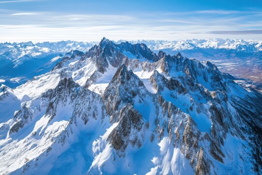 Stunning bird's-eye perspective of the snow-blanketed mountains in france's des monges alps. Clear blue skies and rugged peaks create a perfect backdrop for nature, adventure, and travel themes