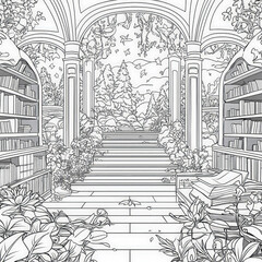 Fototapeta premium A magical library with floating books, coloring page for kids, simple outline illustration. Coloring book, simple lines.