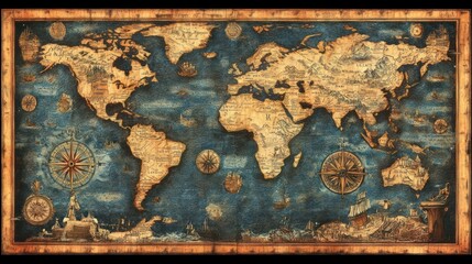 Antique world map with compass roses and ships on a blue sea background.
