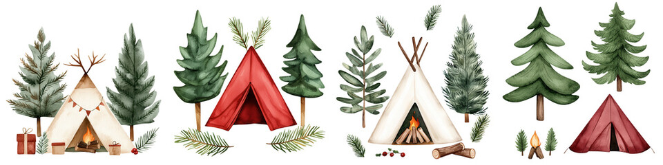 Colorful camping tents surrounded by trees on a white isolated background.