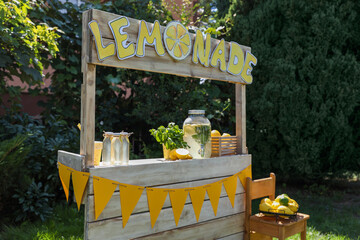 Lemonade stand with refreshing drink, fruits and mint in park