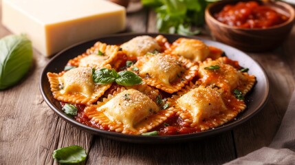 Raviolis servidos en salsa de tomate, adornados con queso y perejil fresco, presentados en un plato de cerámica.