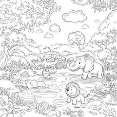 A safari with wild animals like elephants and lions, coloring page for kids, simple outline illustration. Coloring book, simple lines.