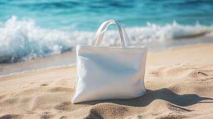 Canvas Tote Bag Mockup on Beach Sand in Sunny Day