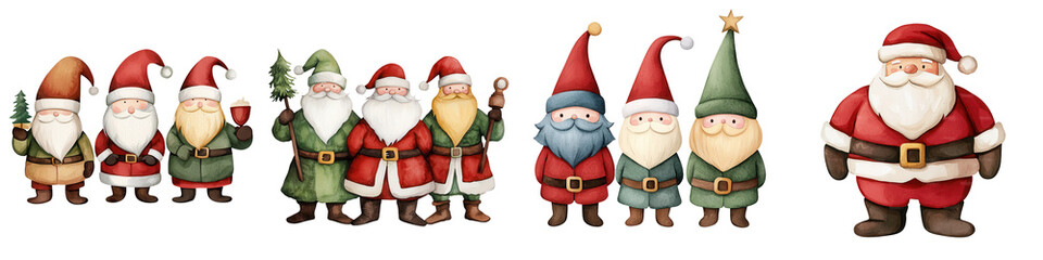 Fototapeta premium Festive Santa and elf characters in colorful attire, white isolate background.