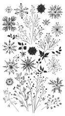 Black Snowflakes Icons on White Background, Abstract Image, Texture, Pattern Background, Wallpaper, Cover and Screen of Smartphone, PC, Laptop, 9:16 and 16:9 Format