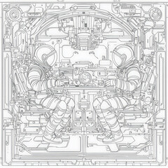 A space station with astronauts working, coloring page for kids, simple outline illustration. Coloring book, simple lines.