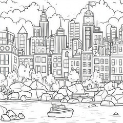 Fototapeta premium A thriving city skyline during the evening, coloring page for kids, simple outline illustration. Coloring book, simple lines.