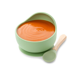 Tasty baby food in bowl and spoon isolated on white