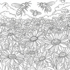 A vibrant flower field with bees buzzing, coloring page for kids, simple outline illustration. Coloring book, simple lines.