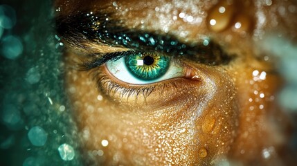 Close-up of a stunning eye with vibrant colors and droplets, showcasing deep emotion and captivating beauty in a unique portrait.